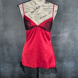 Victoria's Secret Red Satin Chemise with Black Lace Trim